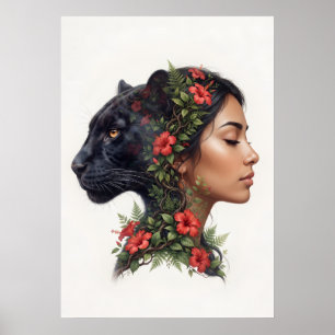 Surrealistische Pantherfrau mit roter Hibiskus-Blu Poster