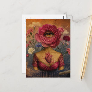 Surrealistische Pink Flower Lady Collage Postkarte