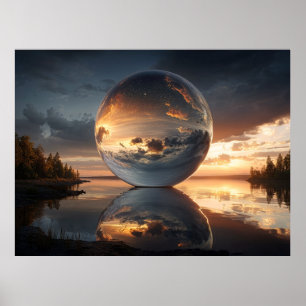 Surrealistische reflektierende Kugel mit Sonnenunt Poster