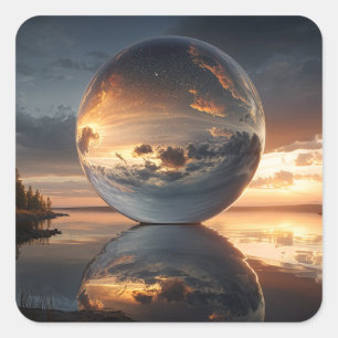 Surrealistische reflektierende Kugel mit Sonnenunt Quadratischer Aufkleber