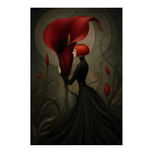 Surrealistische rote Calla-Lilien-Frau schwarze Ka