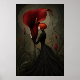 Surrealistische rote Calla-Lilien-Frau schwarze Ka Poster