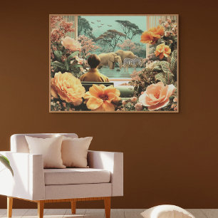 Surrealistische Safari-Szene mit Elefanten Zebras Poster