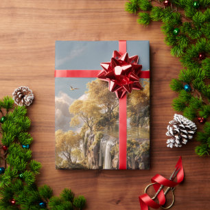 Surrealistische schwebende Inseln mit goldenen Bäu Geschenkpapier