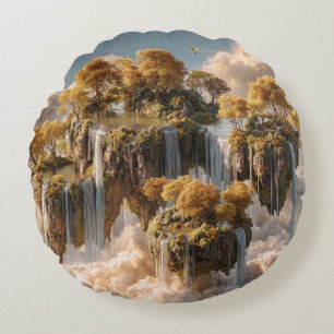 Surrealistische schwebende Inseln mit goldenen Bäu Rundes Kissen