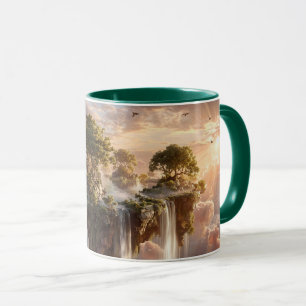 Surrealistische schwebende Inseln mit Wasserfällen Tasse