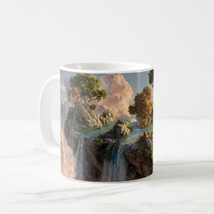 Surrealistische schwebende Klippen mit Wasserfälle Kaffeetasse