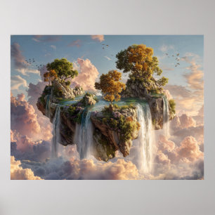 Surrealistische schwebende Klippen mit Wasserfälle Poster