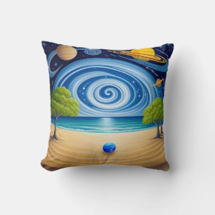 Surrealistische Strandszene mit Planeten, wirbelnd Kissen