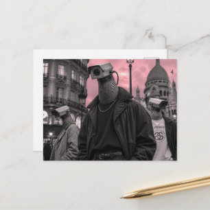 surrealistische Überwachungskamera Tauben rosa gra Postkarte
