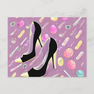 Surrealistische Vintage-Hochhackerschuhe & Süßigke Postkarte