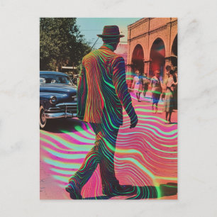 Surrealistische Vintage-Stadtszene Mann geht Postkarte