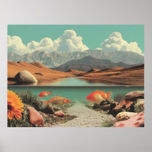 Surrealistische Wüste und See mit Goldfischen Poster