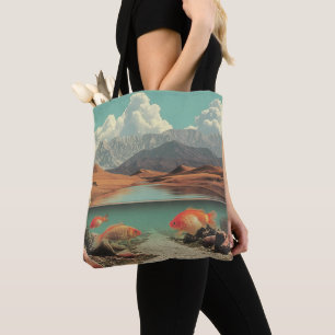 Surrealistische Wüste und See mit Goldfischen Tasche