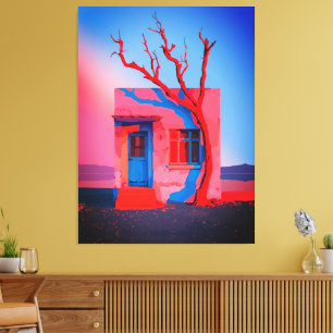 Surrealistische Wüstenhaus-Wandkunst – Minimalisti Leinwanddruck