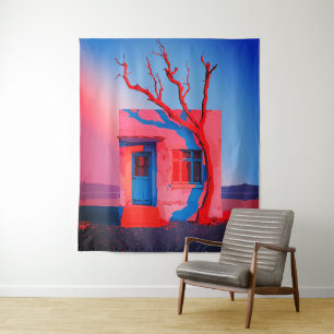 Surrealistische Wüstenhaus-Wandkunst – Minimalisti Wandteppich