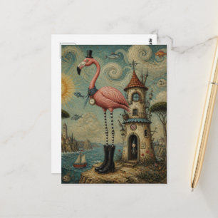 Surrealistischer rosa Flamingo am Strand Postkarte