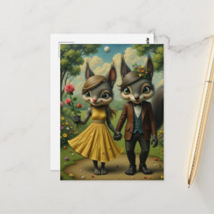 Surrealistisches Eichhörnchen-Paar spaziert im Par Postkarte