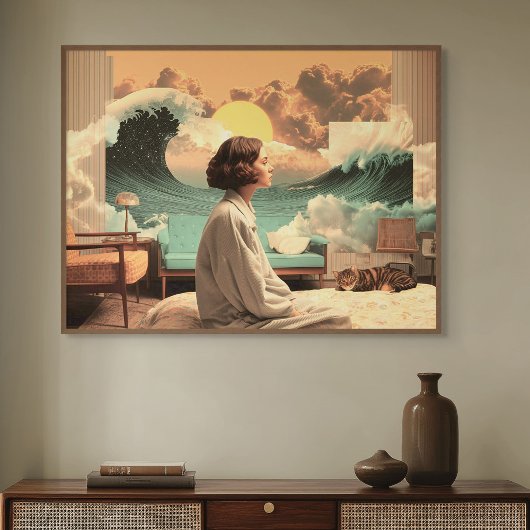 Surrealistisches Interieur mit Frau und Katze Poster
