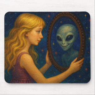 Surrealistisches Mädchen hält Spiegel mit Alien-Re Mousepad
