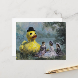 Surrealistisches Picknick im Park mit einer riesig Postkarte