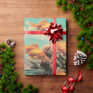 Surrealistisches Porträt mit Goldfischblumen und O Geschenkpapier