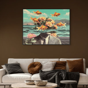 Surrealistisches Porträt mit Goldfischblumen und O Poster