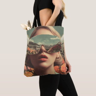 Surrealistisches Porträt mit Sonnenbrille, die Blu Tasche