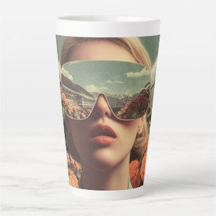 Surrealistisches Porträt mit Sonnenbrille, die ein Milchtasse