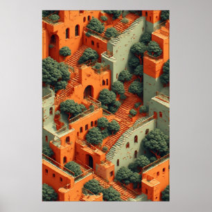 Surrealistisches Terrassendorf mit Bäumen und Trep Poster