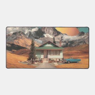 Surrealistisches UFO über rustikalem Haus Schreibtischunterlage