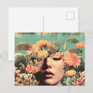 Surrealistisches Unterwasserporträt mit Korallenbl Postkarte