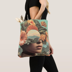 Surrealistisches weibliches Porträt mit floralen E Tasche