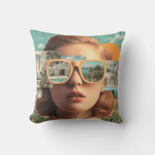 Surrealistisches weibliches Porträt mit retro Sonn Kissen