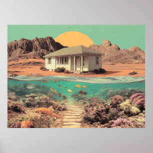Surrealistisches Wüstenhaus mit Unterwasser-Riff Poster