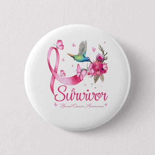 Survivor Hummingbird Ribbon Brustkrebs Button (Vorderseite)