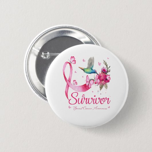 Survivor Hummingbird Ribbon Brustkrebs Button (Vorne & Hinten)
