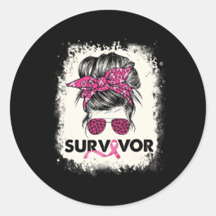Survivor Messy Bun Breast Cancer Awareness Pink Wa Runder Aufkleber