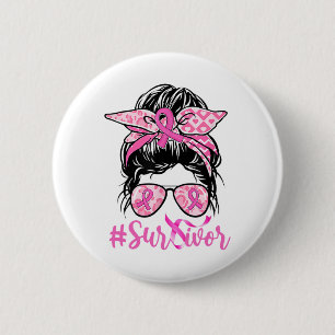 Survivor Messy Bun Pink Ribbon Leopard Breast Cana Button