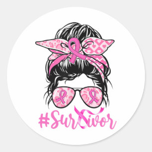 Survivor Messy Bun Pink Ribbon Leopard Breast Cana Runder Aufkleber