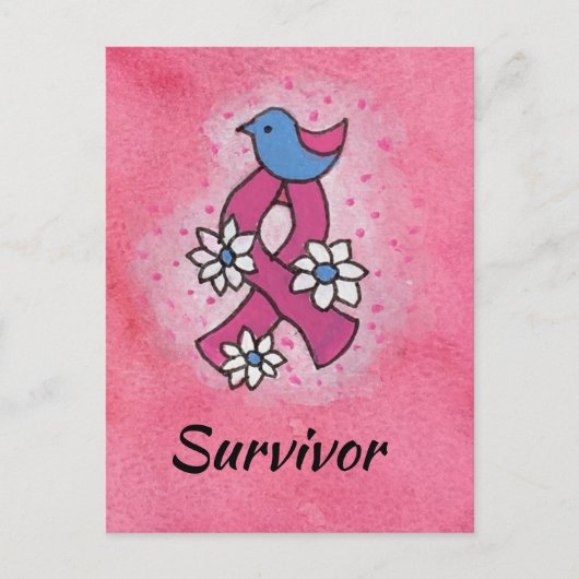 Survivor Rosa Brustkrebs Schleife Bird Blume Postkarte (Vorderseite)