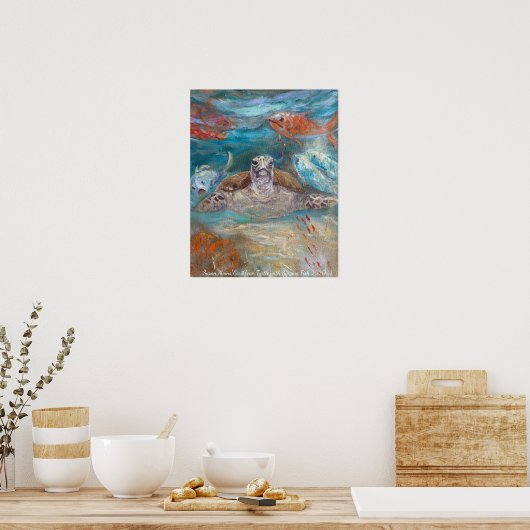 Susan Mains Turtle mit Gesangsfisch Karibik Poster (Küche)