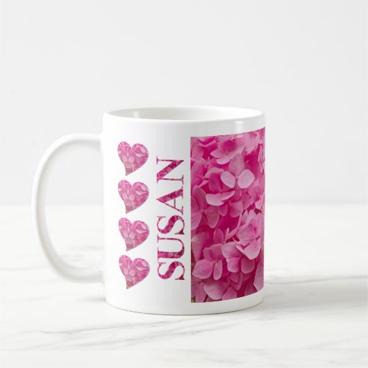"Susan" Pink Hydrangea Blumenbriefe & Herz Kaffeetasse (Links)