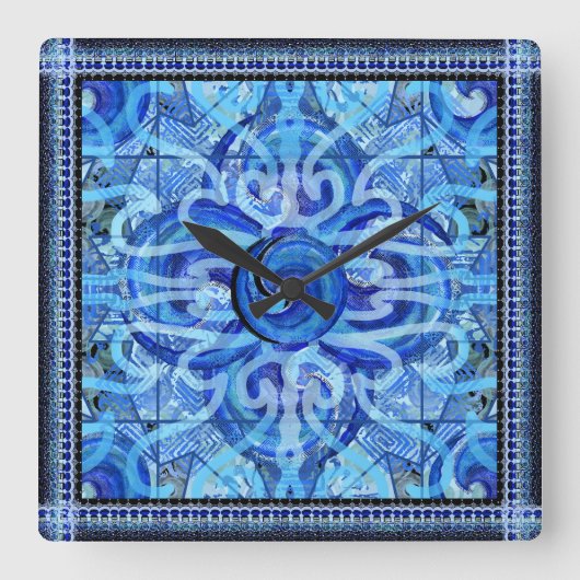 Susea Blue Studios Wave Mandela Clock Quadratische Wanduhr (Vorderseite)