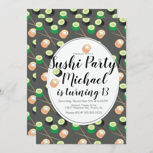 Sush Rolls Gray Birthday Hibachi Restaurant Einladung (Vorne/Hinten)