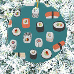 Sushi Aquamarine Keramik Ornament<br><div class="desc">Zeigen Sie Ihre Liebe von Sushi,  Nigiri und Maki Brötchen mit diesem lustigen alternativen Weihnachtsschmuck. Originelle Kunst von Nic Squirrell. Probieren Sie die anderen Formen aus,  um zu sehen,  was Sie bevorzugen,  oder bestellen Sie eine Auswahl für eine zusammenhängende Dekoration!</div>