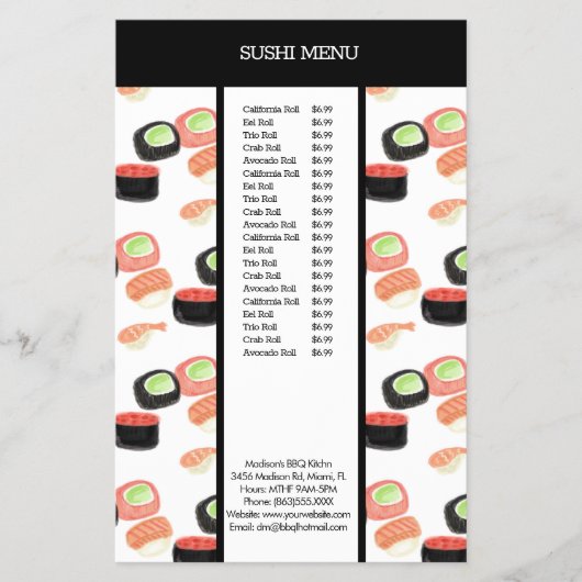 Sushi Asian Restaurant Watercolor Pattern Menu Flyer (Vorne)