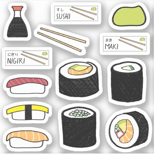 Sushi Aufkleber Blatt Set Niedlich Food Illustrati (Vorderseite)