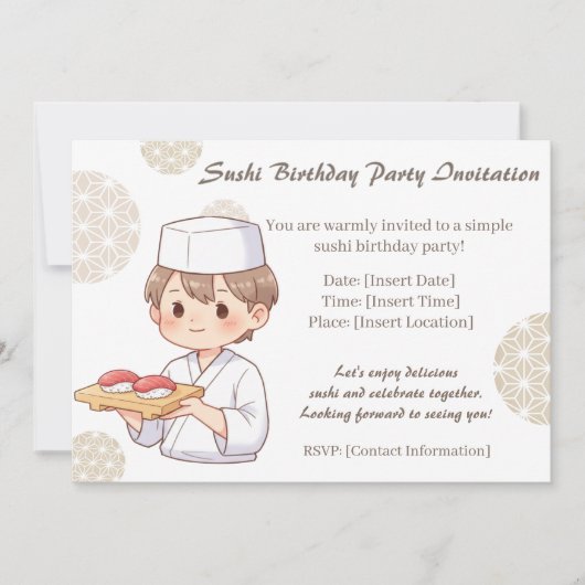 Sushi Birthday Party Invitation with Cute Anime  Einladung (Vorderseite)