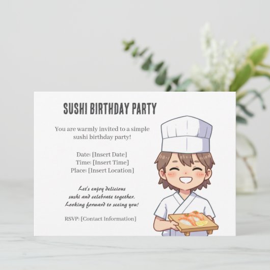 Sushi Birthday Party Invitation with Cute Anime  Einladung (Stehend Vorderseite)